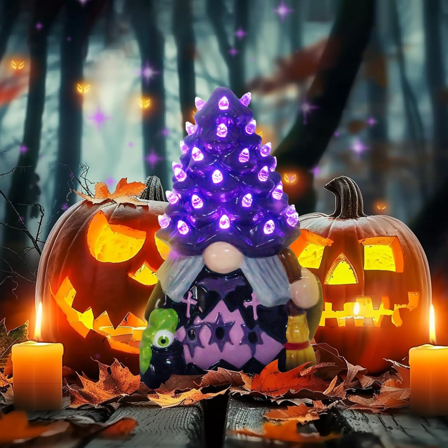 AlevaHive Ceramic Gnome Halloween Decorations - Witches Gnome Ceramic Tree Lighted - Black Decor Bedroom Indoor, Halloween Centerpieces for Table Decor