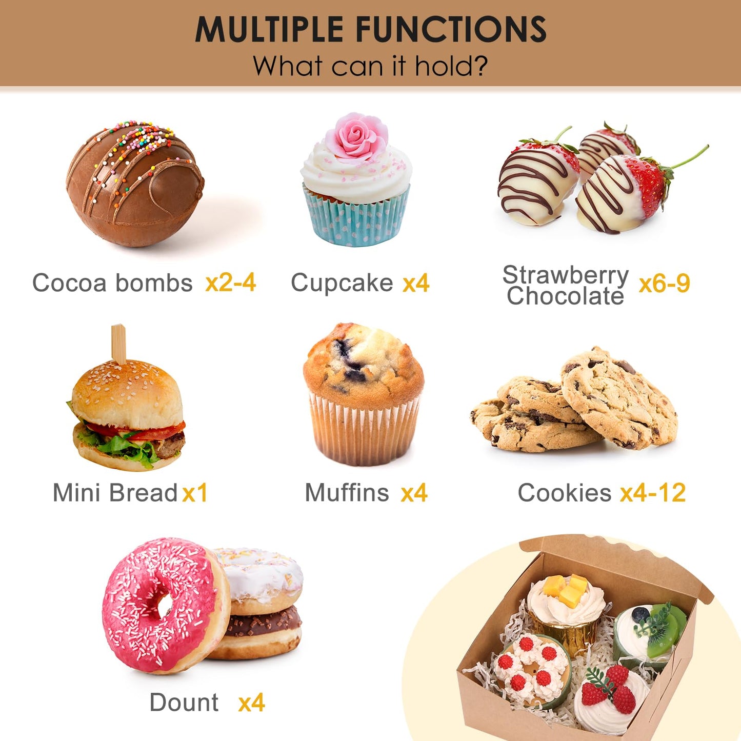 Moretoes 15pcs Cookie Boxes with Window, 6x6x3in Brown Bakery Boxes for Treats, Small Cake, Desserts, Donuts, Pastry