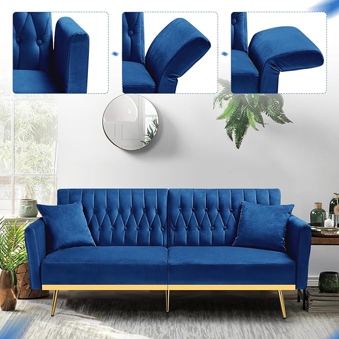 ACMEASE 70” Velvet Futon Sofa Bed w/Adjustable Armrests and Backrest, Convertible Futon Couch w/2 Pillows, Modern Sleeper Bed for Living Room, Bedroom, Blue