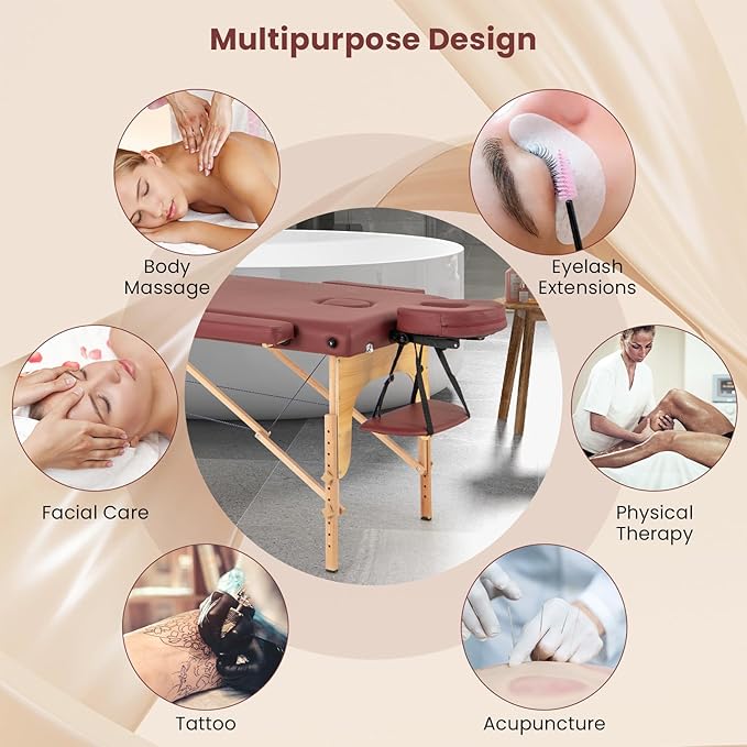 Giantex Massage Table, Portable Massage Bed w/Carrying Case, 2-Section Salon Spa Facial Care Tattoo Bed, Height Adjustable, Wood Frame, Professional Massage Lash Bed for Eyelash Extension (Red)
