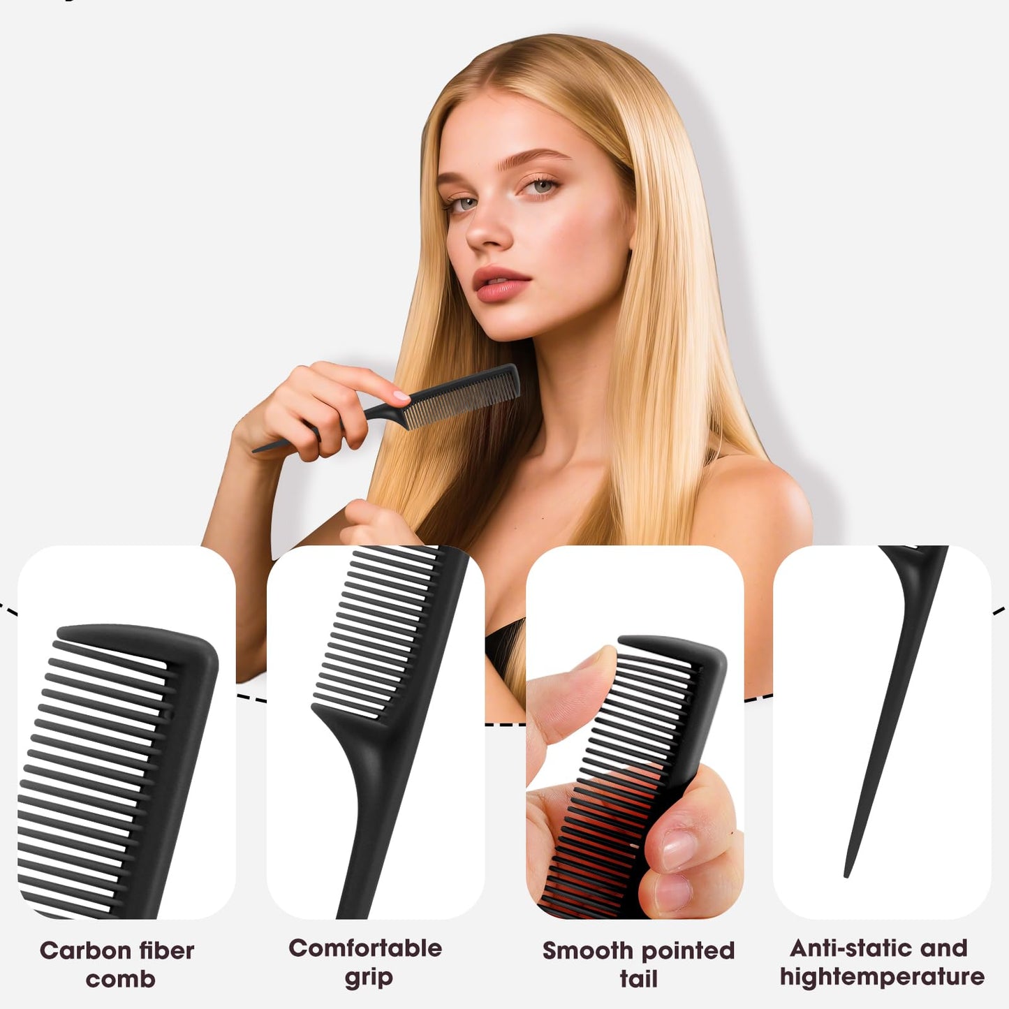 Rat Tail Comb Set-3Pcs Rat Tail Hair Teasing Fine Tooth Combs for Women Girls, Parting &Hair Styling Tools(Black)
