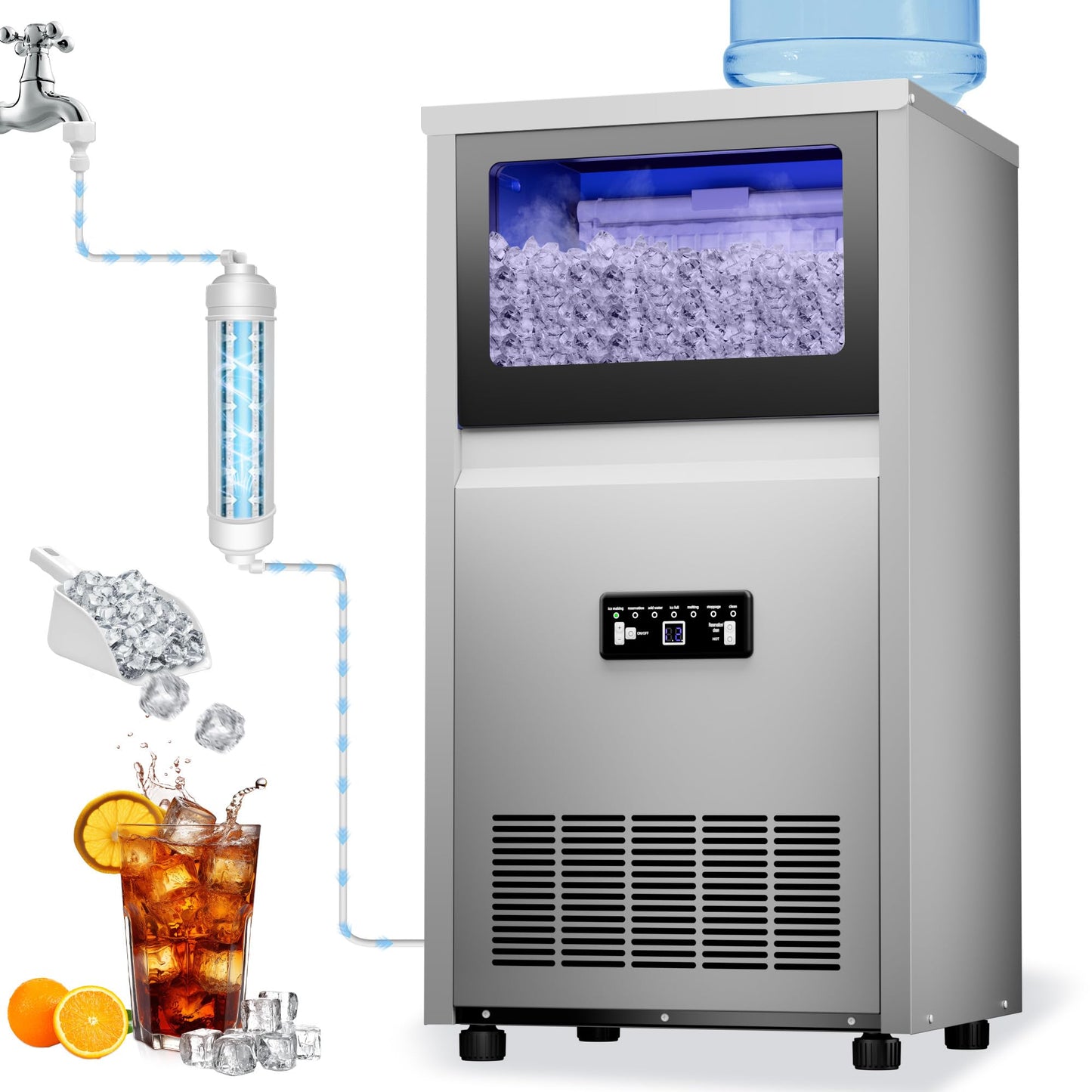 Ice Maker Commercial Ice Maker Machine 150lbs/24H with 30lbs Storage, Stainless Steel Undercounter/Freestanding Ice Machine 50Ice/Cycle 2 Water Inlet Modes Self-Cleaning for Homes Restaurants Bars