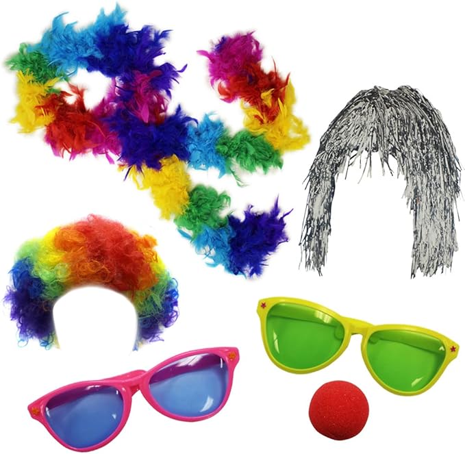 Funny Party Hats 6 Piece Set - Clown Wig Sunglasses & Nose - Clown Accessories Kit - Photo Booth Props
