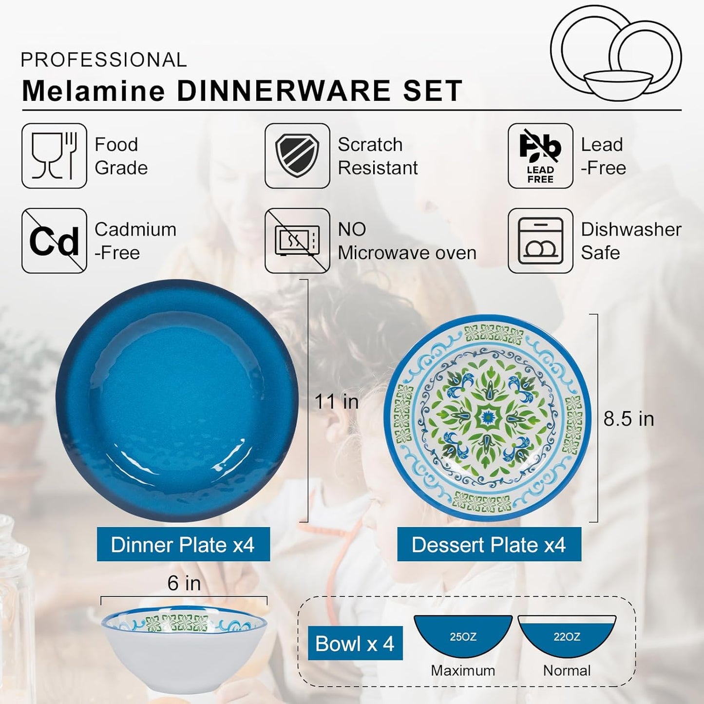 Melamine Dinnerware Sets 12 Pcs, Melamine Plates, Party Plates and Bowls Sets, Camping Dishes Set for 4, Unbreakable, BPA-Free, Dishwasher Safe （Green flowers）
