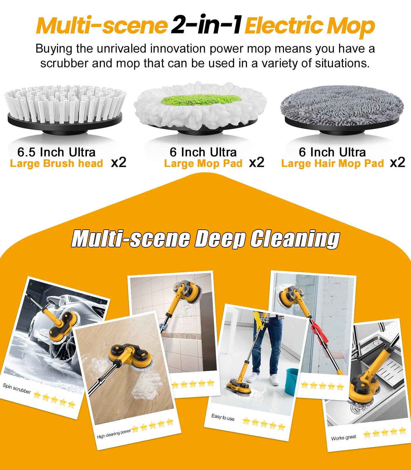 qimedo 6000mAh Battery Cordless Electric Mop M1 Pro, 800RPM Electric Power Scrubber & Mops for Floor Cleaning, Automatic Spin Mops with Smart Display,Rotating Mop with LED Light & Water Spray