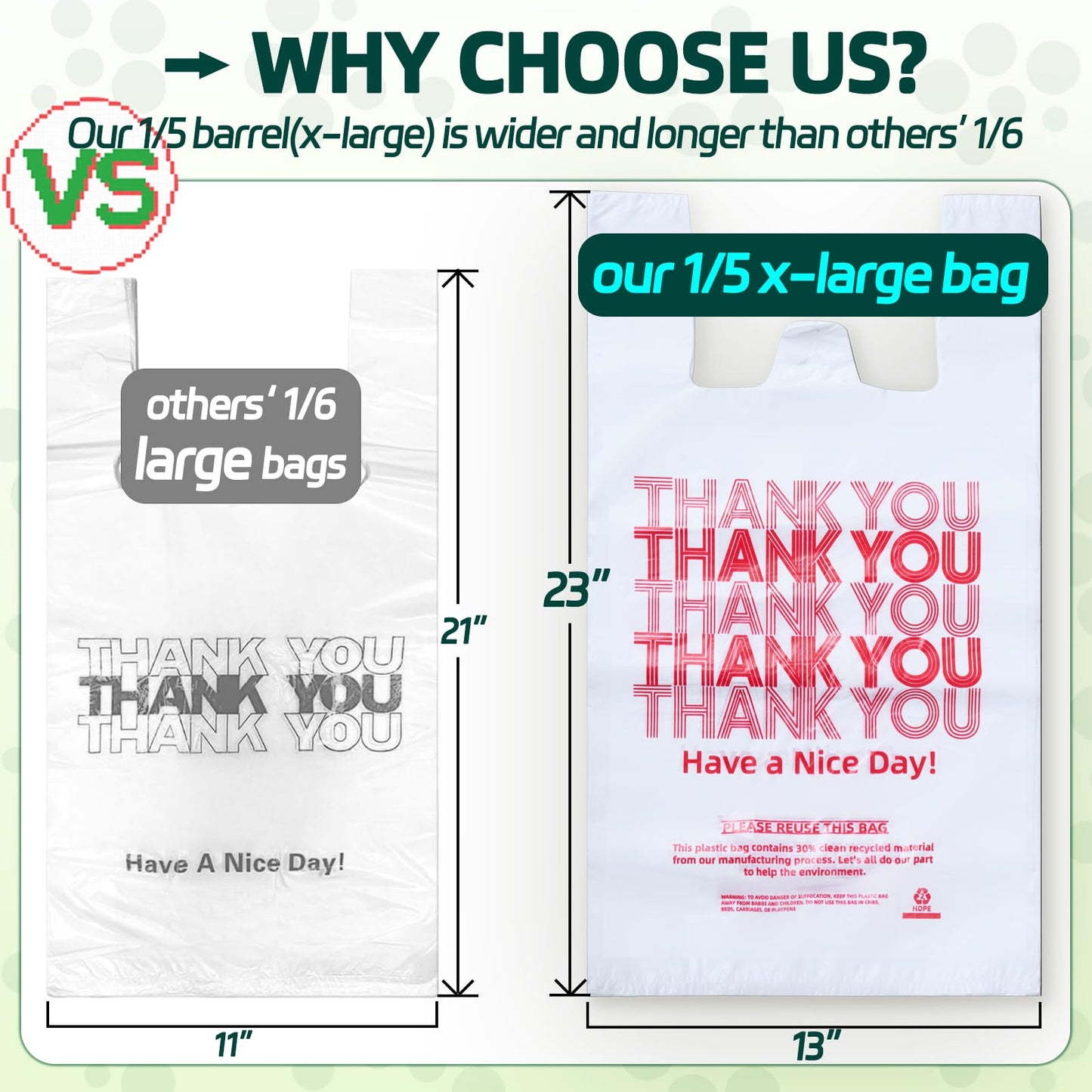 YovhVon Extra Large (13" x 8" x 23") X-Large Size up, 100 Count Plastic Bags with Handles, T-Shirt Bags, Thank You bags, Shopping Bag, Grocery bag, White, 1/5 Barrel, Plastic Bag, for Small Business