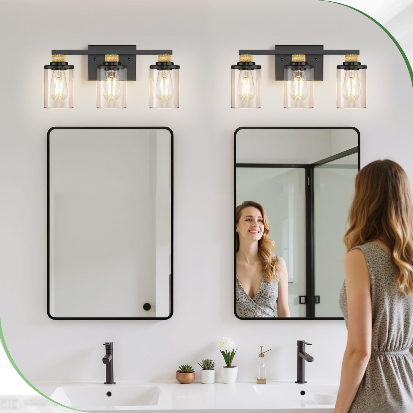 DORESshop 17 Inch Bathroom Light Fixtures, 3-Light Black & Rope Bathroom Lighting Fixtures Over Mirror with Clear Glass Shade, Vanity Lights for Living Room Bedroom