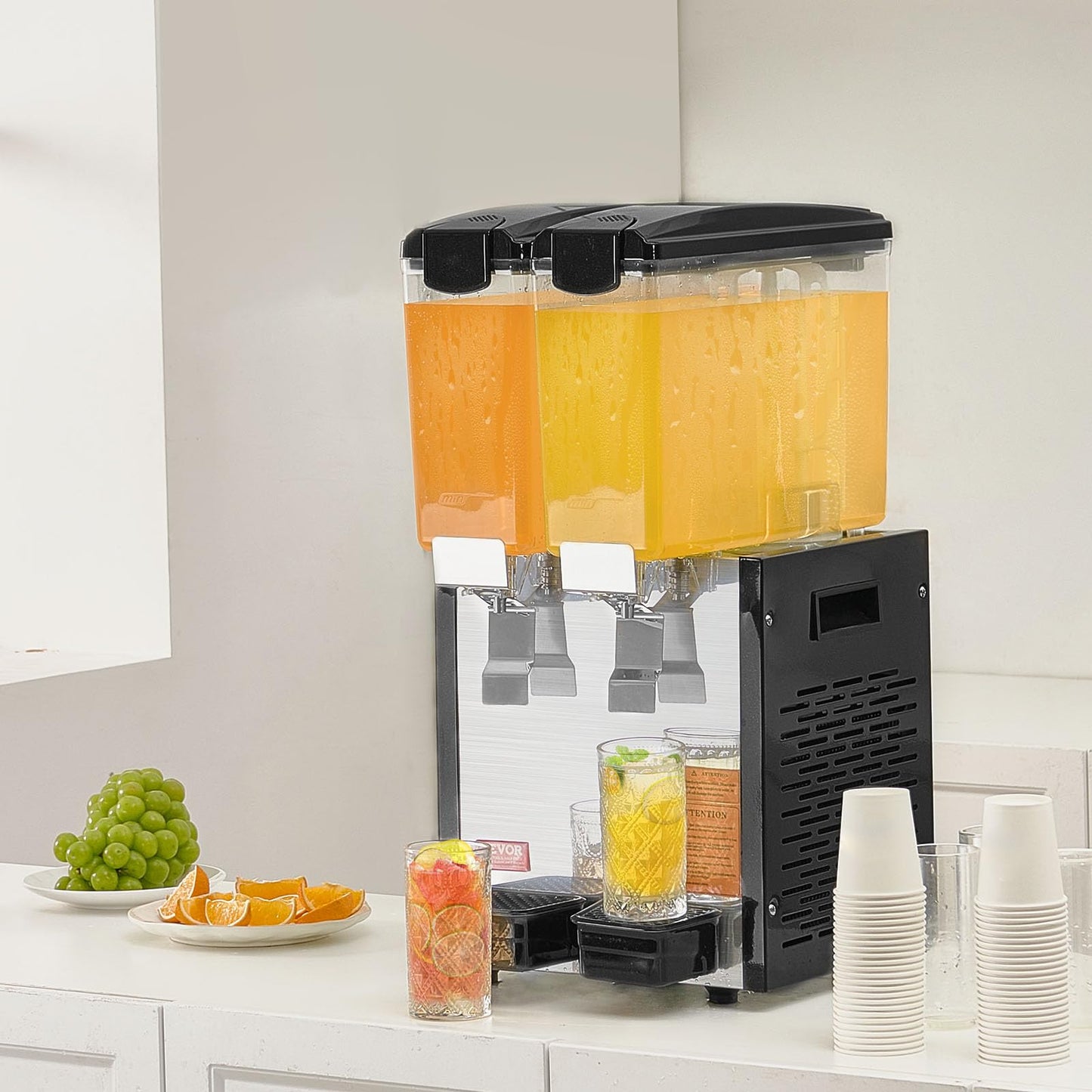 VEVOR Commercial Beverage Dispenser, 2 Tanks 10 L / 10.6 QT Per Tank Juice Dispenser, 270W Stainless Steel Ice Tea Drink Machine with 45°F-54°F Cooling Temperature, for Cold Drink Restaurant Bar Party