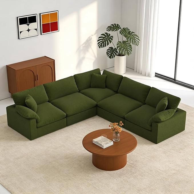 Forest aesthetics 211.6" Cloud Modular Sectional Sofa,Green Down Filled Sofa 5 Seat,Minimalist Sofa Cover Washable and Replaceable Couches for Living Room,Sectional Sofa Deep Seat