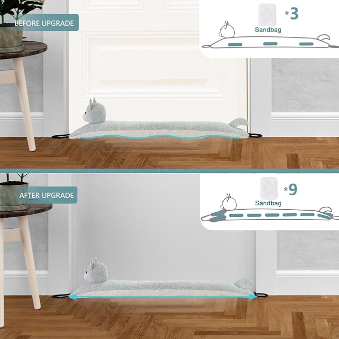 Marwood Under Door Draft Stopper Decorative Wind Stopper 48 inch for Door & Window, Weighted Animal Air Draft Stopper Snake Noise Blocker for Bottom of Door with Hanging Loops - Grey Cat