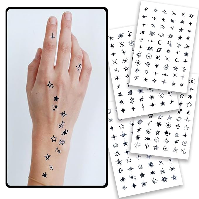 CHARLNET Stars Semi-Permanent Tattoos for Adult - 2 Weeks Long Last Small Fake Tattoos for Women Men Face Finger Neck Body/Fades Naturally/No Reflection/Waterproof/Realistic