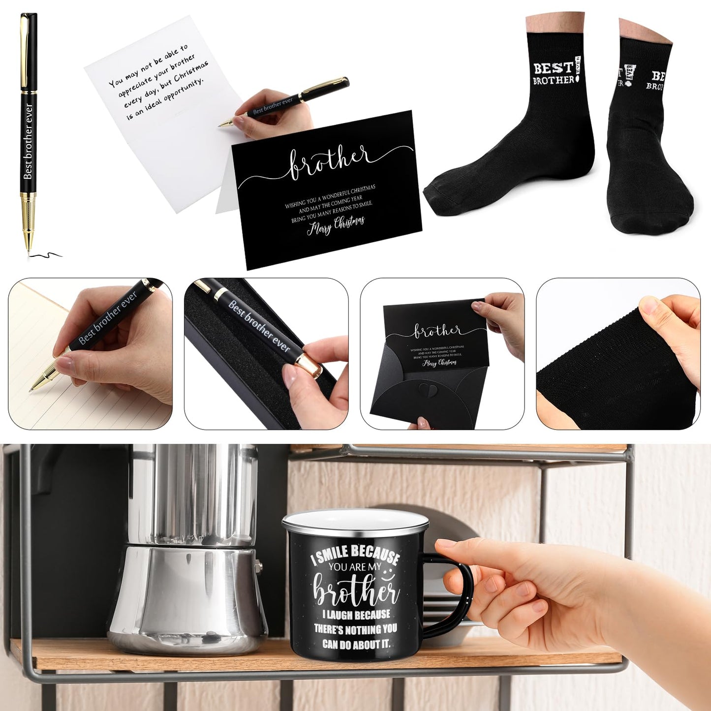 ReliThick 6 Pcs Brother Gifts from Sister Included I Smile Because You're My Brother 12 oz Enamel Mug Socks Ballpoint Pen with Pen Box Greeting Card Birthday Thanksgiving Friends Gifts