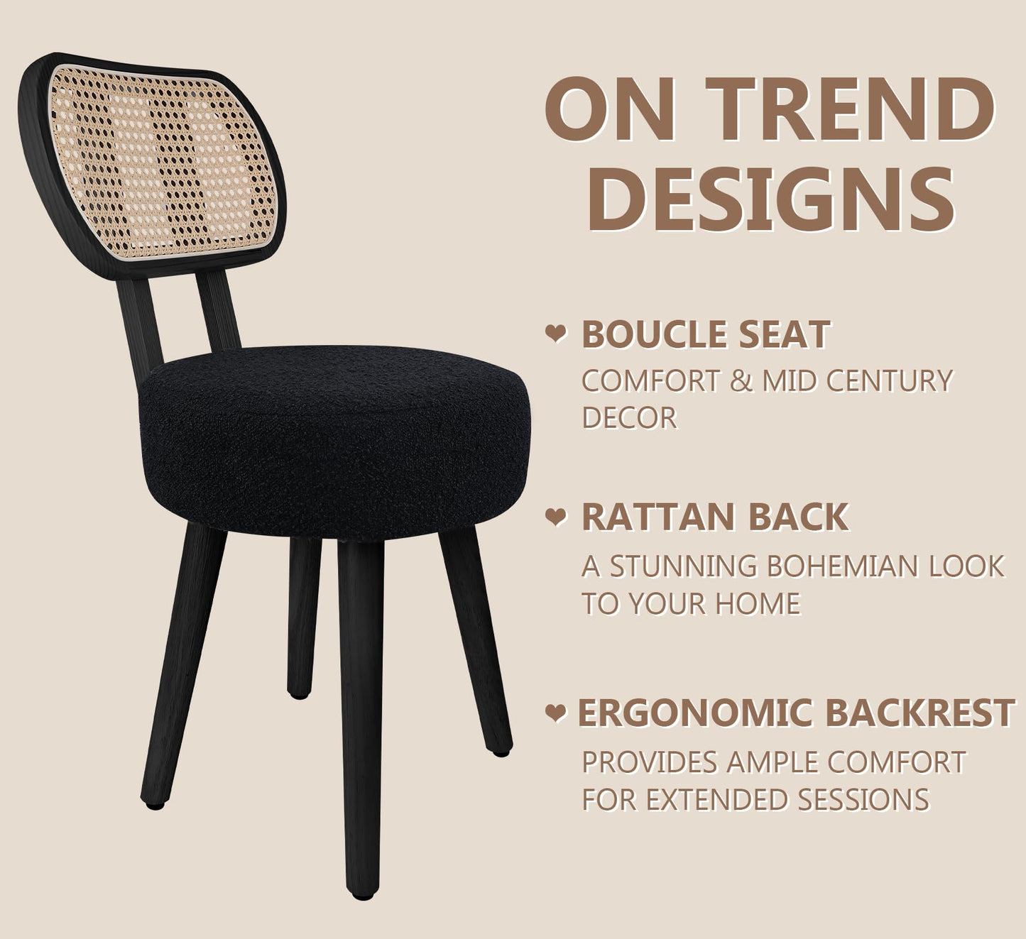 ZYBT Rattan Boho Makeup Vanity Chair for Makeup Room, Small Dining Chair, Mid Century Modern Boucle Chair, Black Cane Dining Chairs, Upholstered Wood Accent Chair, Cute Sherpa Chair with Back, 1 Pc