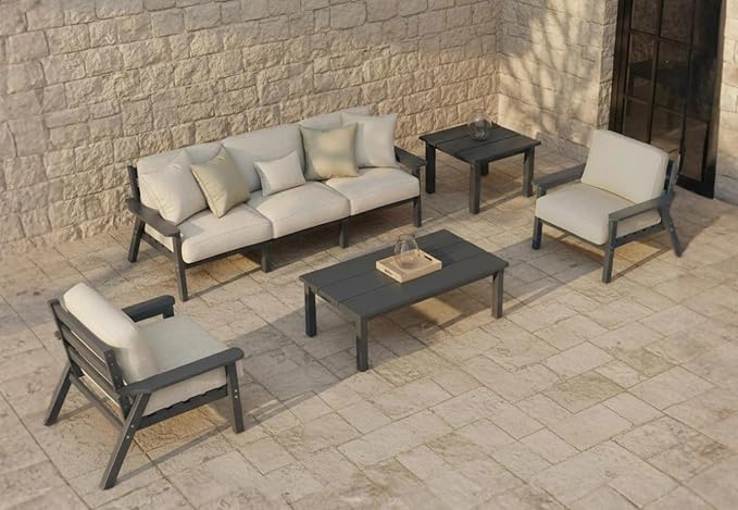 Patio Kingdom 7 Piece Patio Conversation Sets, Outdoor Couch with Washable Thick Beige Cushions, HDPE Patio Furniture Set, Outdoor Sectional Furniture for Backyard, Deck, Lawn, Porch (Grey Frame)