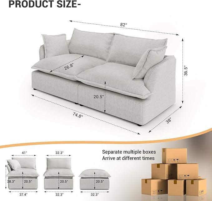 Intuition Decor Cloud Modular Sectional Sofa,82" Down Filled Comfort Comfy Sofa Couch with Cushion Covers Removable Extra Deep Seats,Couch for Living Room Apartment Office