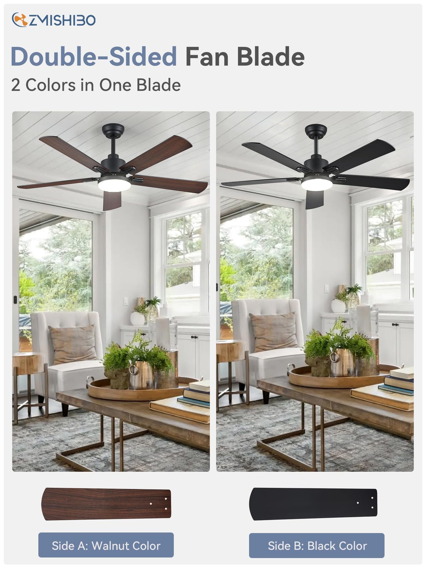 ZMISHIBO 2 Pack 52" Ceiling Fans with Lights, Black Modern Ceiling Fan with Remote & App Control, Farmhouse Indoor Fan with Dual Finish Blades, Quiet & Strong Motor, 24W Dimmable Bright LED Light.