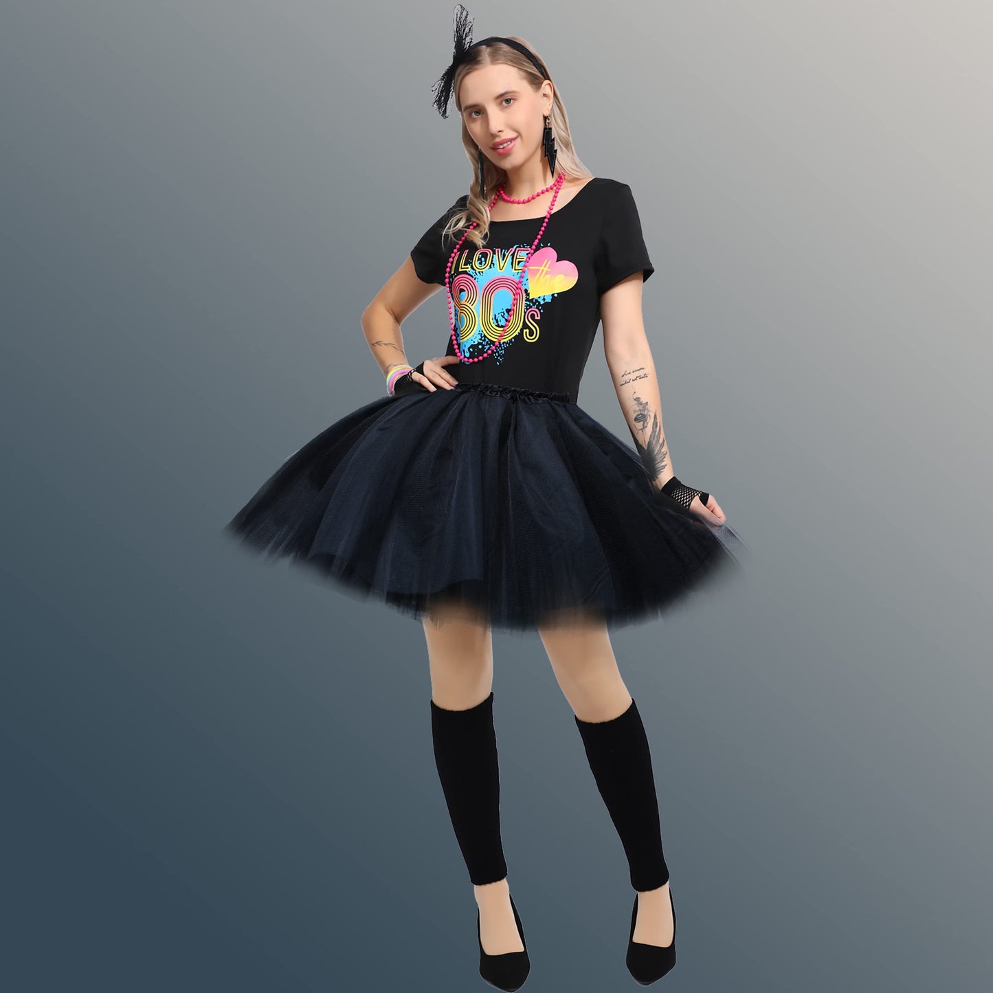 Sincere Party Women's 80s Costume Set Cotton T-Shirt,Pants,Tutus,Leg Warmers,Gloves,Necklace,Bracelets,Headband,Earrings(Black,XXL14-16)