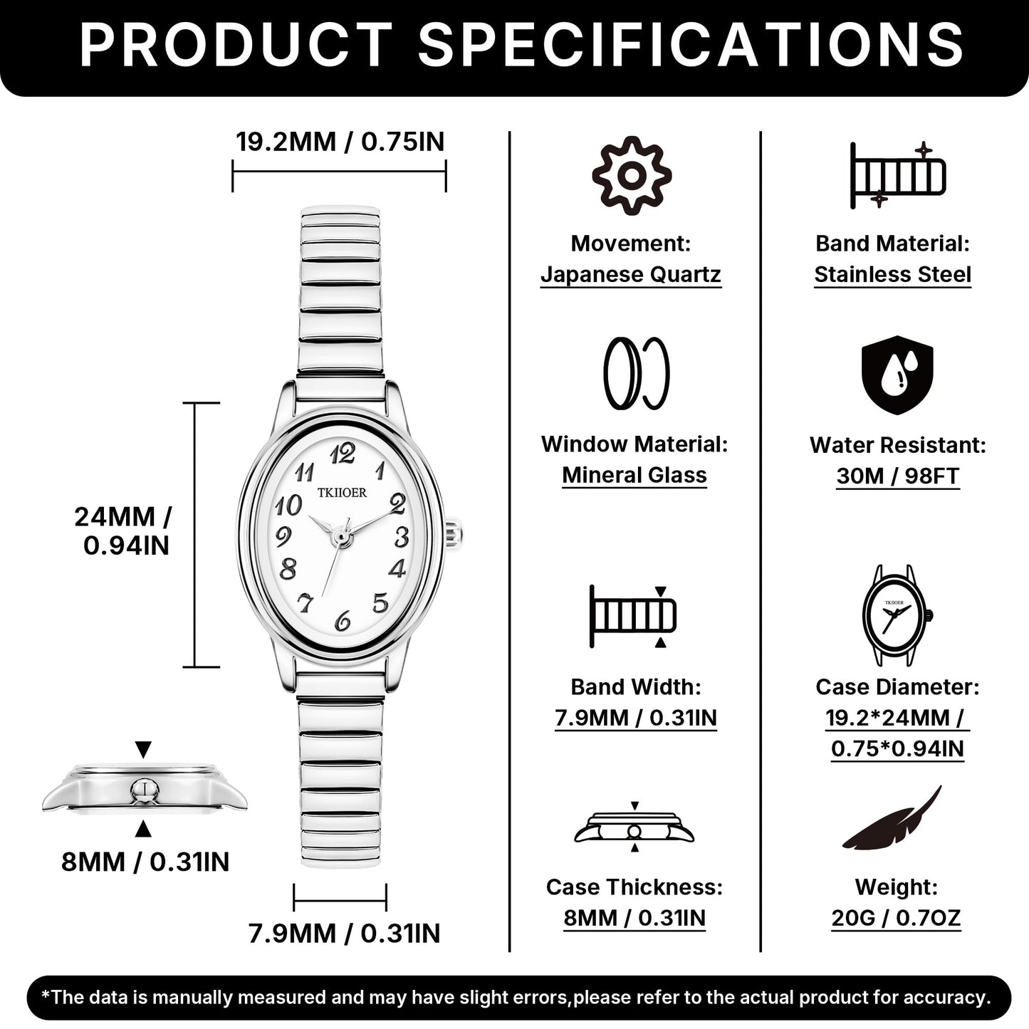 TKIIOER Small Silver Watches for Women, Easy to Read Ladies Analog Watch, 30M Waterproof, Luminous Dial, Stainless Steel Expansion Strap (Silver White)