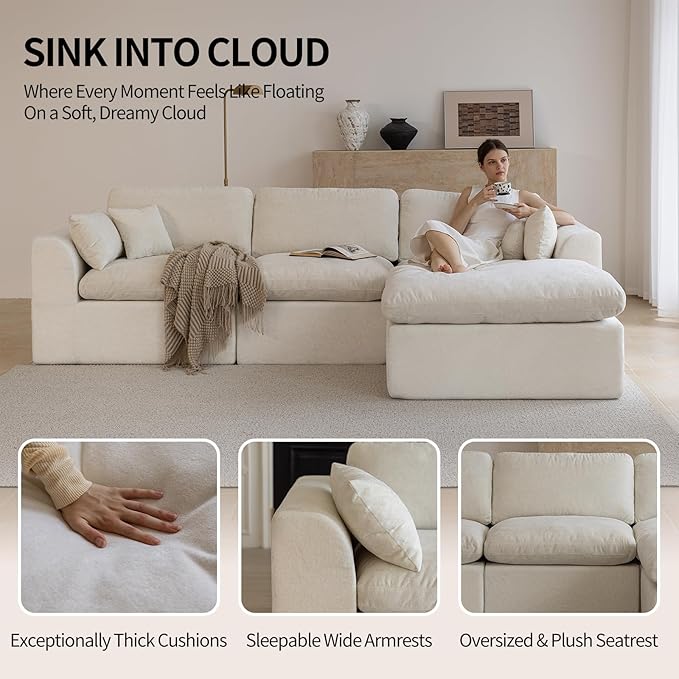 115''Cloud Sectional Couch, Modern L-Shape Sofa with Ottoman, Oversized Convertible 3 Seater Modular Couches for Living Room, Warm White