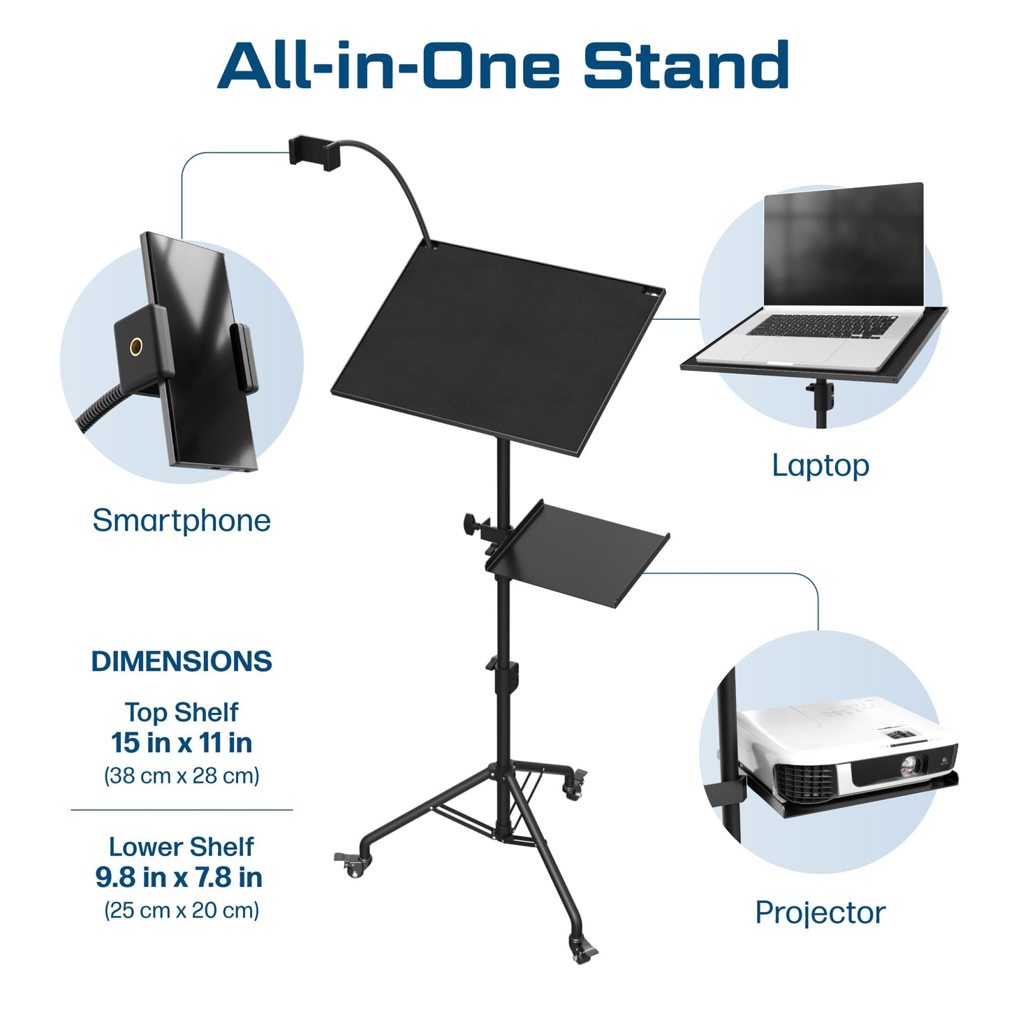DYNAMO TECH Projector Stand Tripod Laptop Tripod with Wheels & Adjustable Height Portable Podium Stand with Phone Holder Projector Holder for Home, Office, School & DJ Matte Black