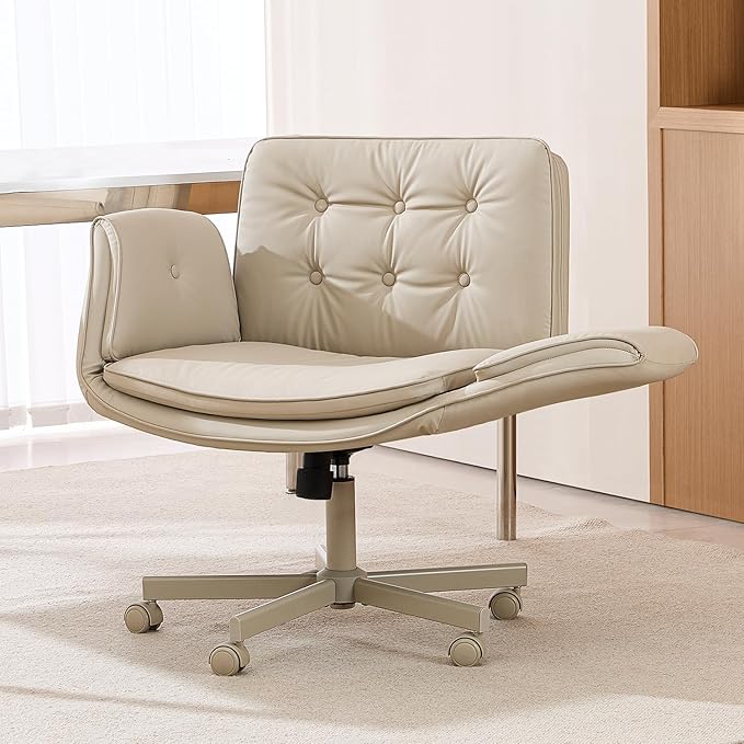 Criss Cross Chair with Armrests & Wheels, PU Leather Vanity Chair, Comfortable Adjustable Swivel Computer Office Desk Chairs for Home, Make Up, Bed Room (Cream)