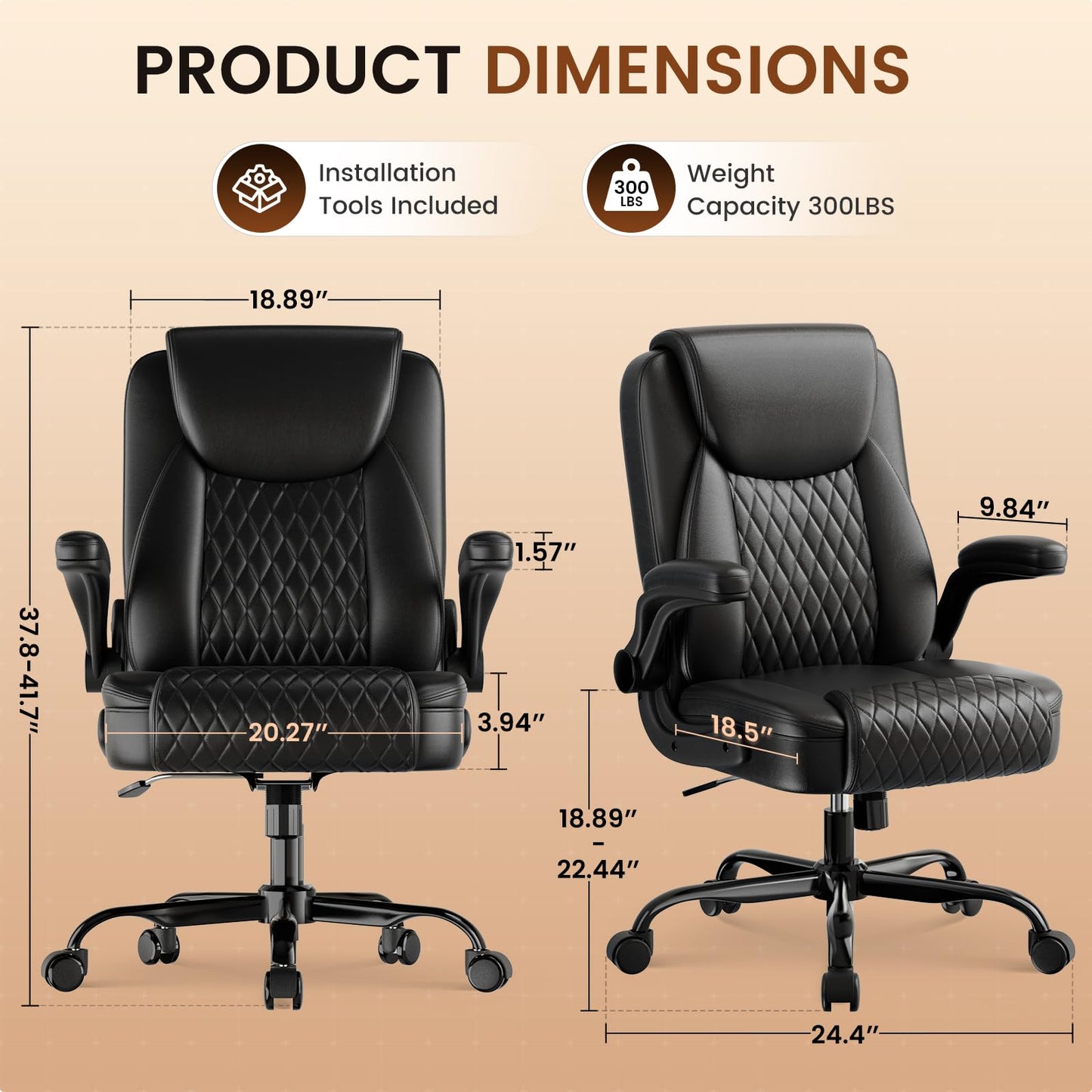 GTPLAYER Leather Office Chair, Home Desk Chair with Flip-up Arms and Ergonomic Back - Comfy Heavy Duty Executive Chair for Home Office Gaming, Charcoal Black