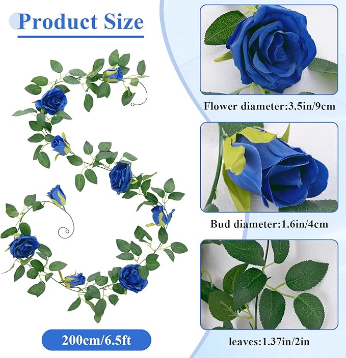 U'Artlines 3 Pack Artificial Royal Blue Rose Vines Floral Garlands Total 19.5 Ft Fake Vine Silk Flower Garland for Indoor Outdoor Home Wedding Arch Garden Wall Decoration