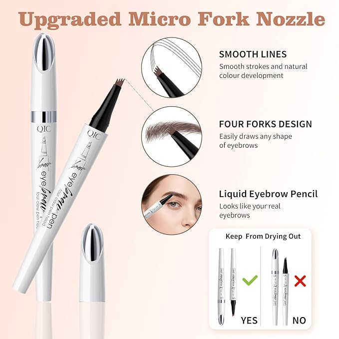 QIC Eyebrow Pen, 4 Tip Waterproof Microblading Eyebrow Pencil for Women, Fade Resistant Filler Brow Pen for Natural Hair-Like Brows (Brown)