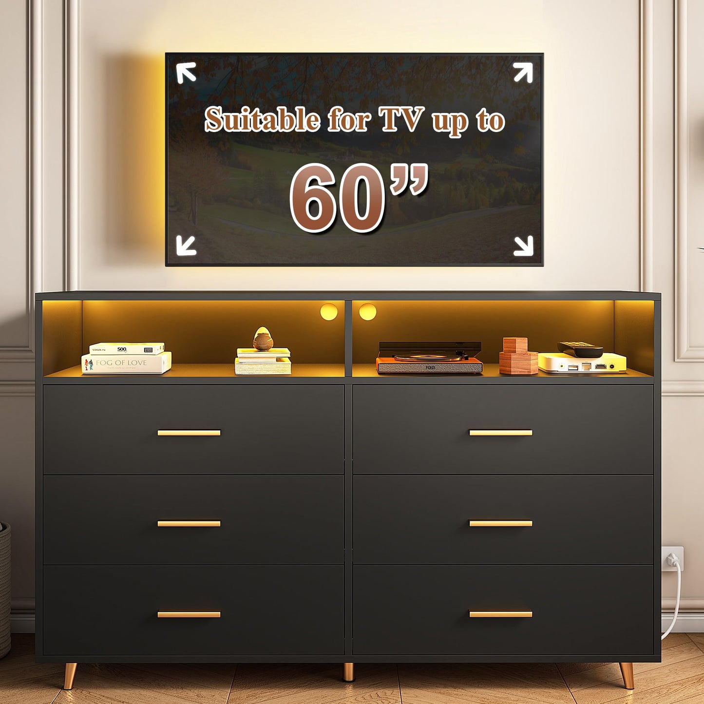 Black Dresser with LED Lights, Wood Dresser for Bedroom with 6 Wide Large Drawers,2 Open Shelves Top, Elegant Chest of Drawers for Clothes Storage Living Room Hallway Entryway, 47.2" W