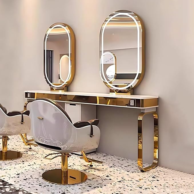 Golden Salon Station for Hair Stylist (Oval LED Mirror)(Storage Cabinets), Barber Station with Light Luxury Style