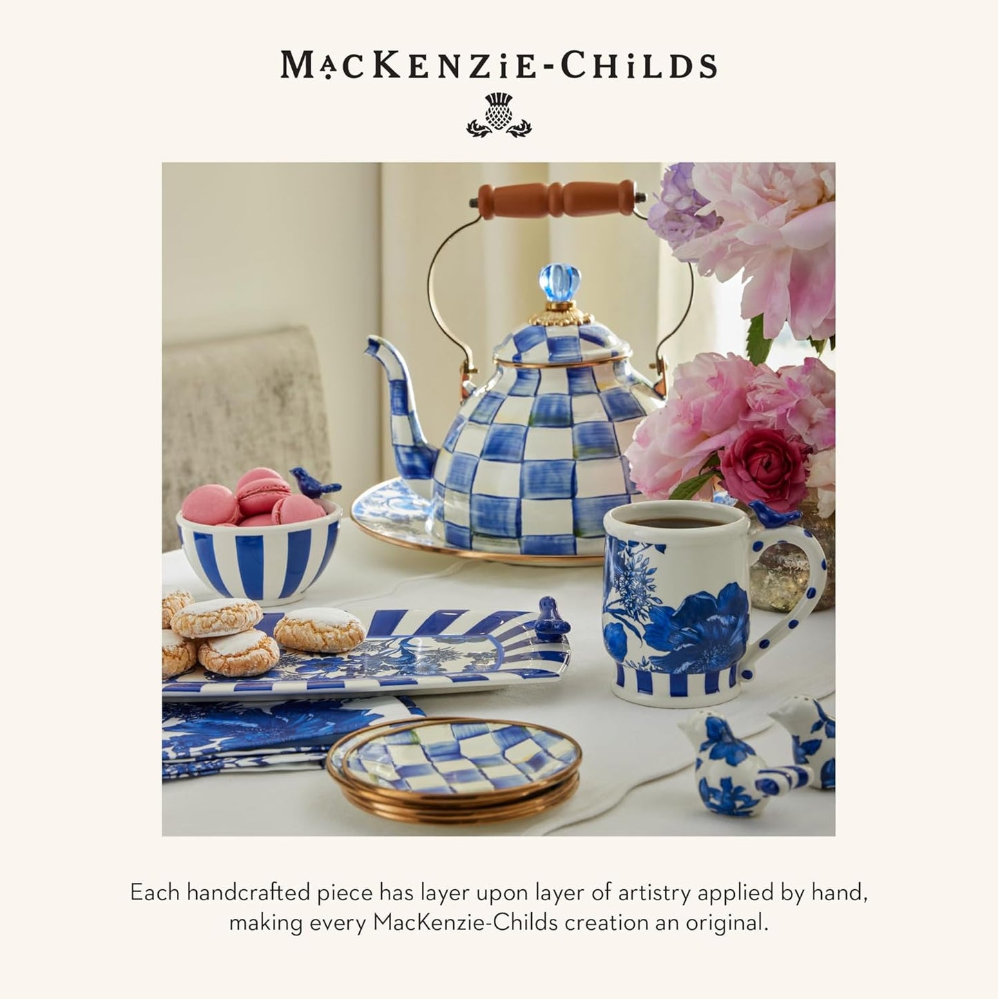 MACKENZIE-CHILDS Set of 4 Enamel Appetizer Plates, Mini Dessert Plates, 5 Inches, Blue-and-White Royal Check