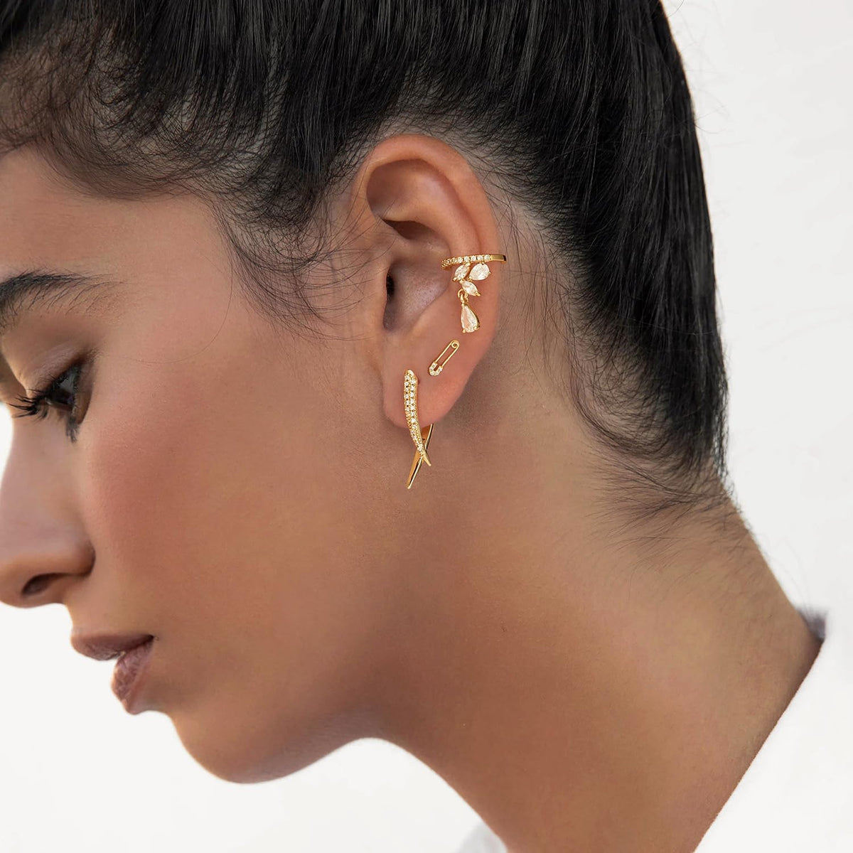 MYEARS Women Bar Earrings Gold Huggie X Hoop Ear Stud Cuff Cubic Zirconia 14K Small Simple Hypoallergenic Everyday Jewelry