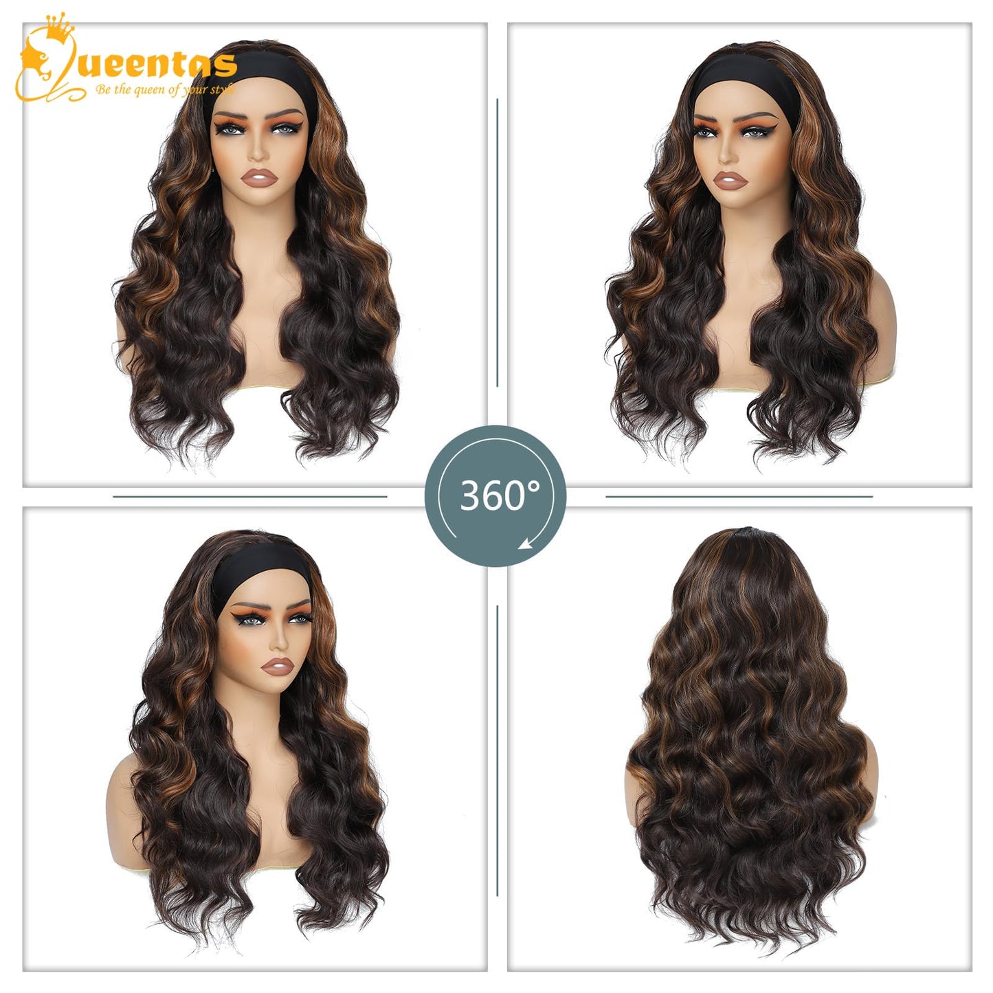 QUEENTAS 27 Long Wavy Headband Wigs for Women Black Mixed Dark Brown with Blonde Highlight Curly Headband Wig Easy Wear Syntheti