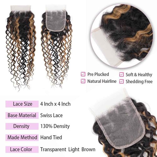Highlight Water Wave Bundles with Closure Human Hair Honey Brown Balayage Curly Wave Human Hair Bundle 1B/27 Colored 3 Bundles with 4x4 HD Lace Closure Free Part (10 12 14+10)