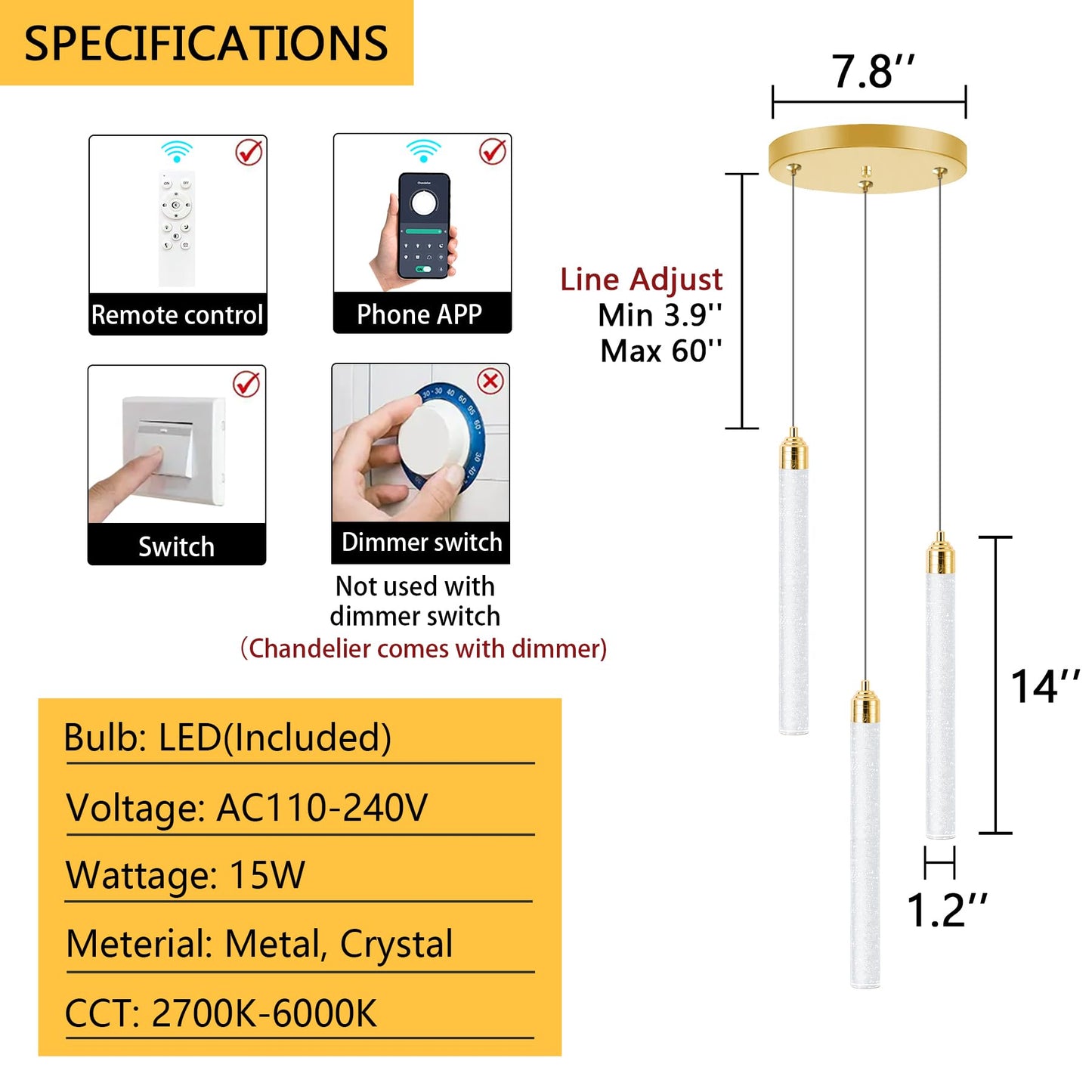 Pendant Lights Kitchen Island Mini Chandelier Gold Pendant Light Crystal Light fixtures Adjustable Hanging Ceiling Hanging Lights Bubble Mini Crystal Ceiling Light for Dining Room Bedroom 2700K 6000K