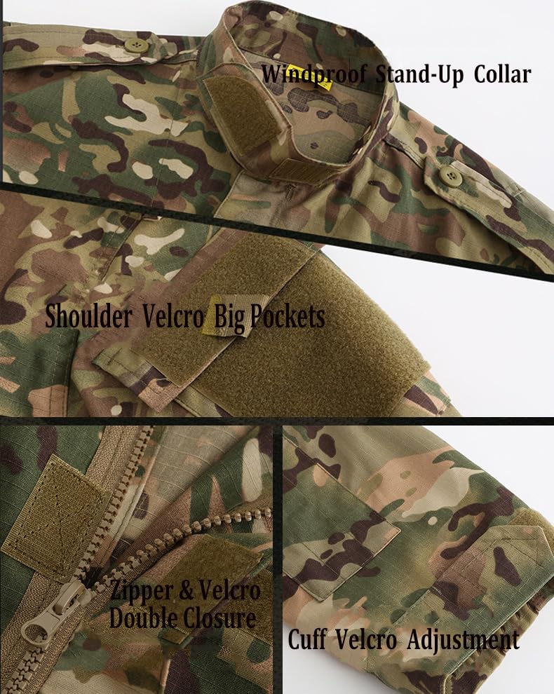 SANYETS Combat Uniform,Tactical Jacket and BDU Pants,Cap Gloves Balaclava Set,Camo Suits Paintball Clothing for Men