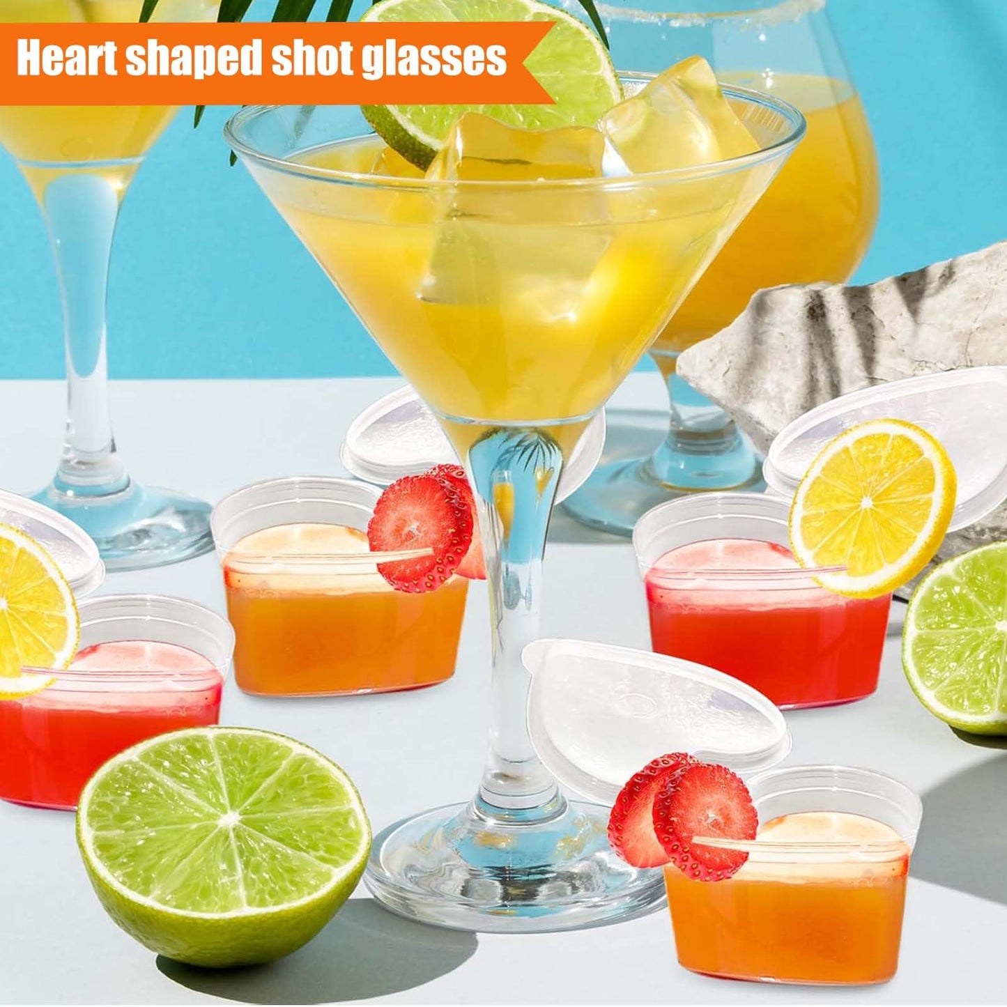 WXOIEOD 50 Sets 2/3 oz Heart Shaped Jello Shot Cups with Lids, Small Condiment Containers, Disposable Portion Cups, Plastic Souffle Cup, Mini Sample Tasting Cups, Dipping Sauce Cup To Go Bowls, Clear