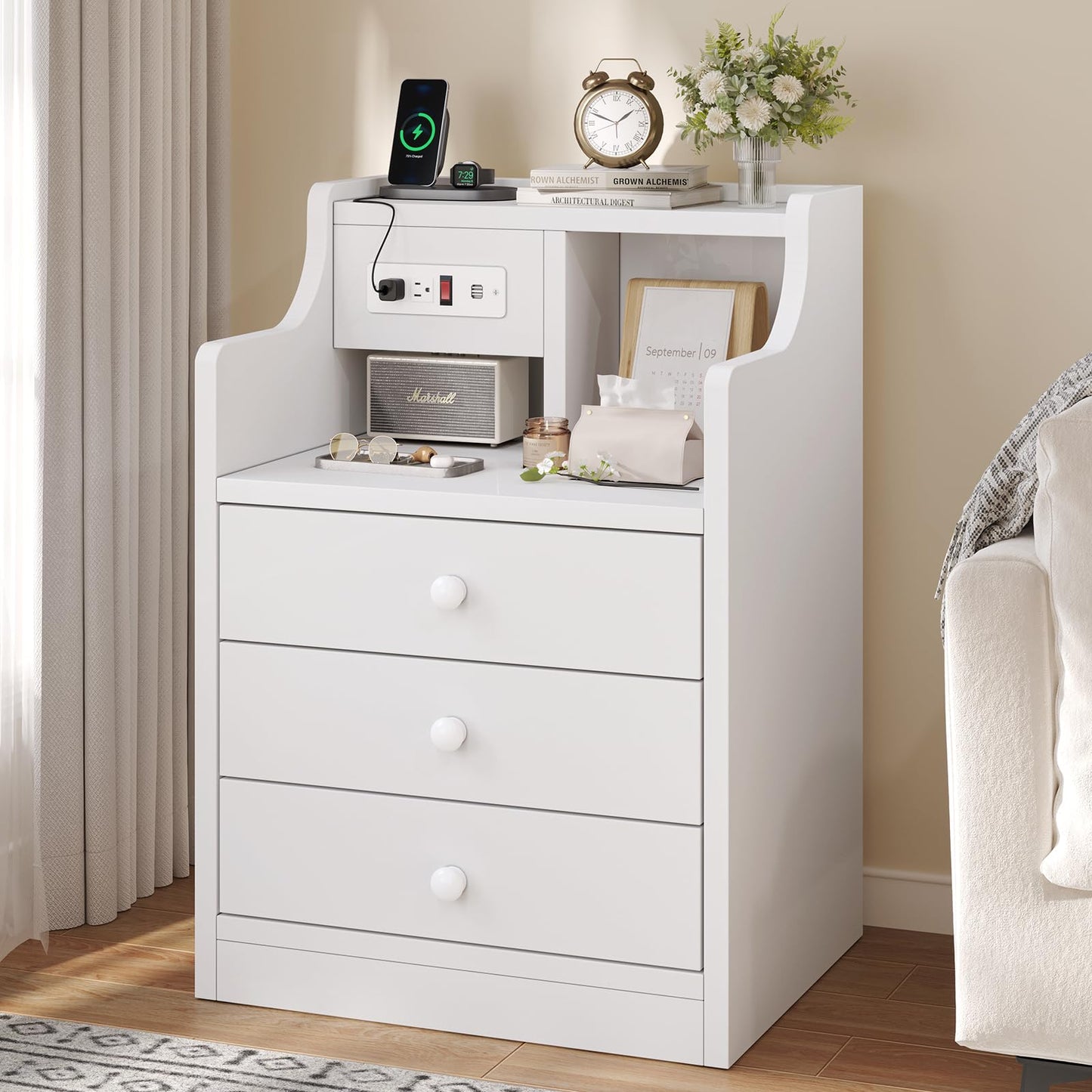 Tiptiper Nightstand with Charging Station, Night Stand with 3 Storage Drawers, Bedside Table with Hutch, Modern End Side Table for Bedroom,White