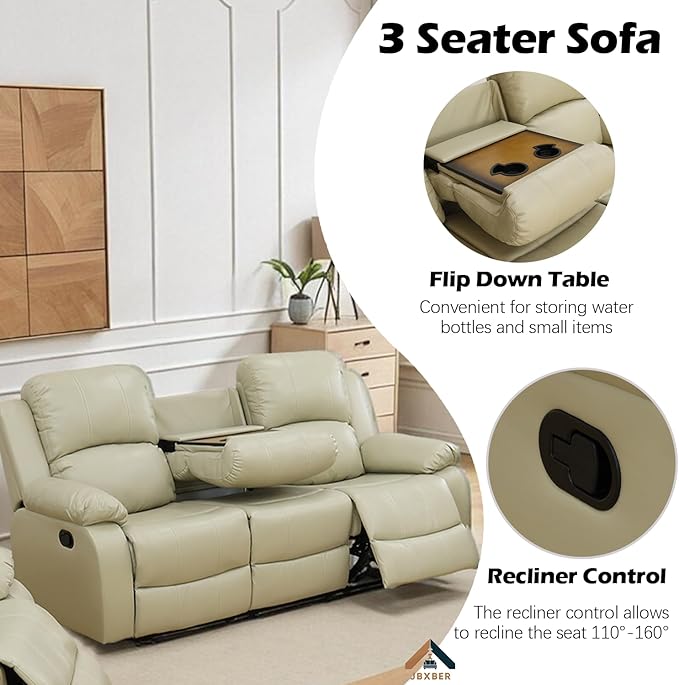 JBXBER Manual Recliner Sofa Set for Living Room, Leather Reclining Sofa Sets, Faux Leather Couch Set with Cup Holders, Drop-Down Table and Storage Console(Loveseat,Beige)