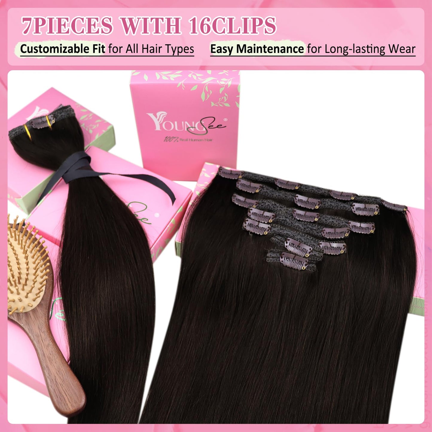 YoungSee Clip in Human Hair Extensions Brown Clip in Extensions Real Human Hair Darkest Brown Human Hair Clip in Extensions Ease