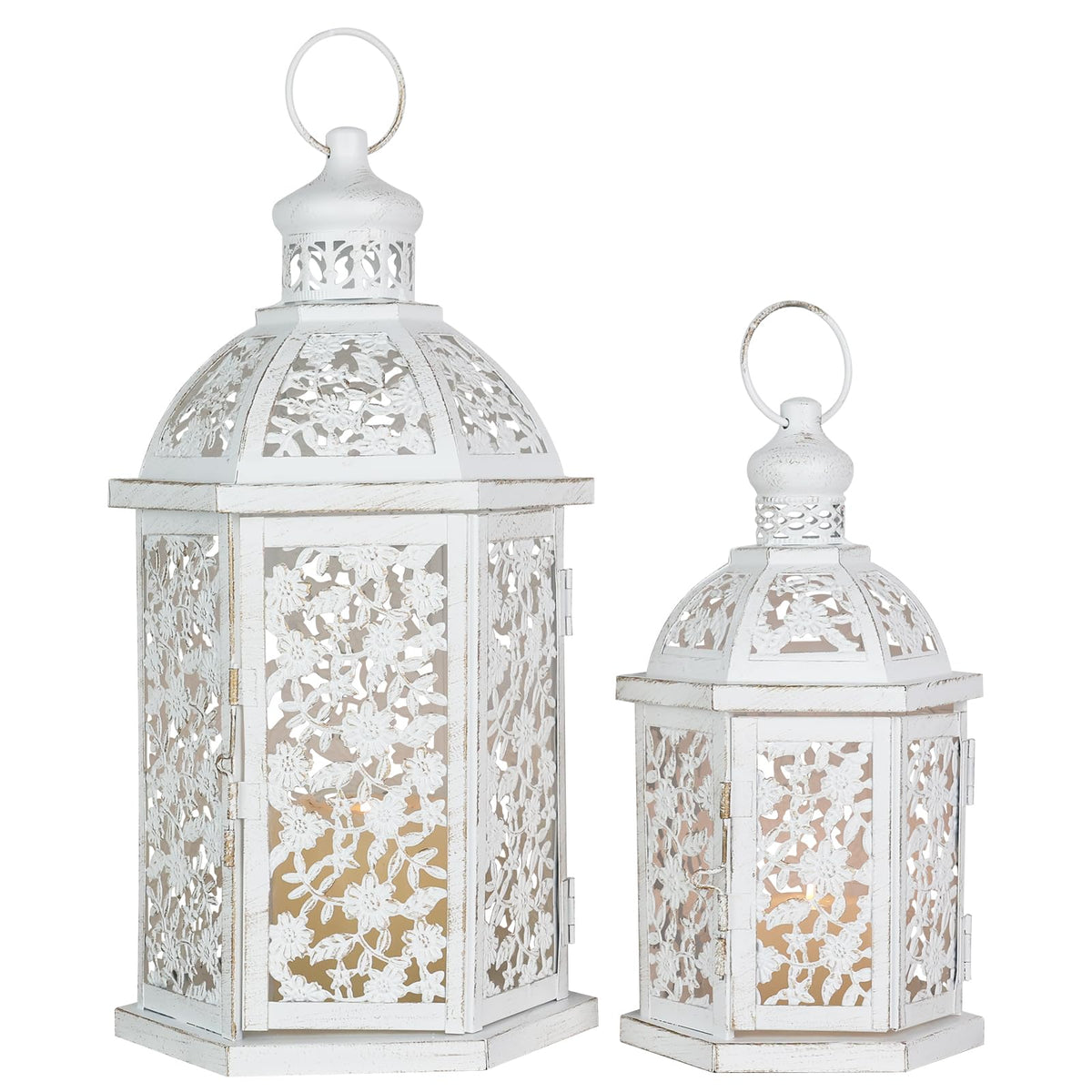 Lanterns Decorative Outdoor&Indoor, Set of 2 (15"&7") White Metal Lantern Decor, Candle Holder for Porch, Patio, Christmas, Balcony, Wedding, Table Centerpiece