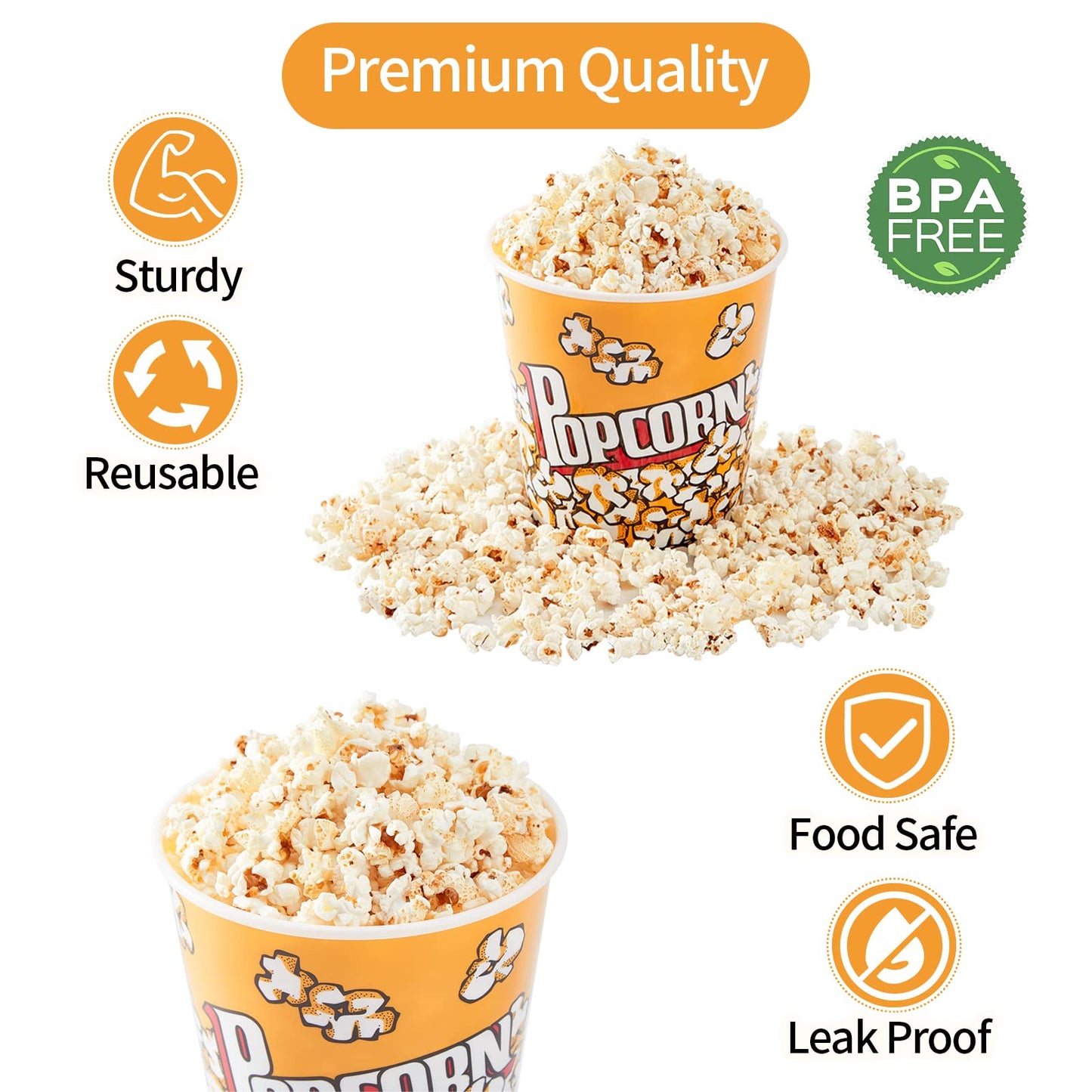 RAYMEA Plastic Popcorn Containers Retro Style Reusable Popcorn Buckets for Movie Night 7.1”x7.1”x5.1” (5 Pack)…