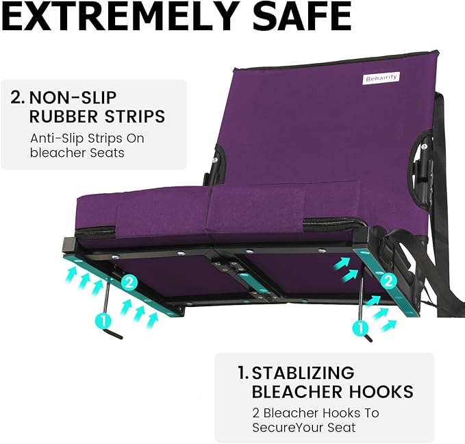 behairity Portable Stadium Seat for Bleachers with Back Support, Wide Padded Bleacher Chair with High Back and Thick Cushion for Adults, Folding Stadium Chair for Football Sports Events (Purple)