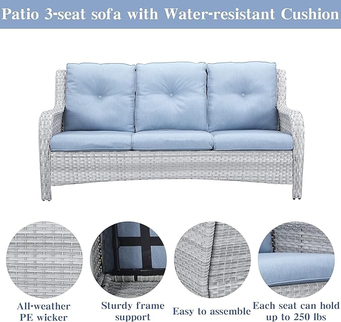 Belord Wicker Patio Furniture Sets - 8 Piece Outdoor Rattan Furniture Conversation Sets with 4 Swivel Rocker Chairs, Rattan Sofa, Wicker Ottomans and Coffee Table, Light Grey/Baby Blue