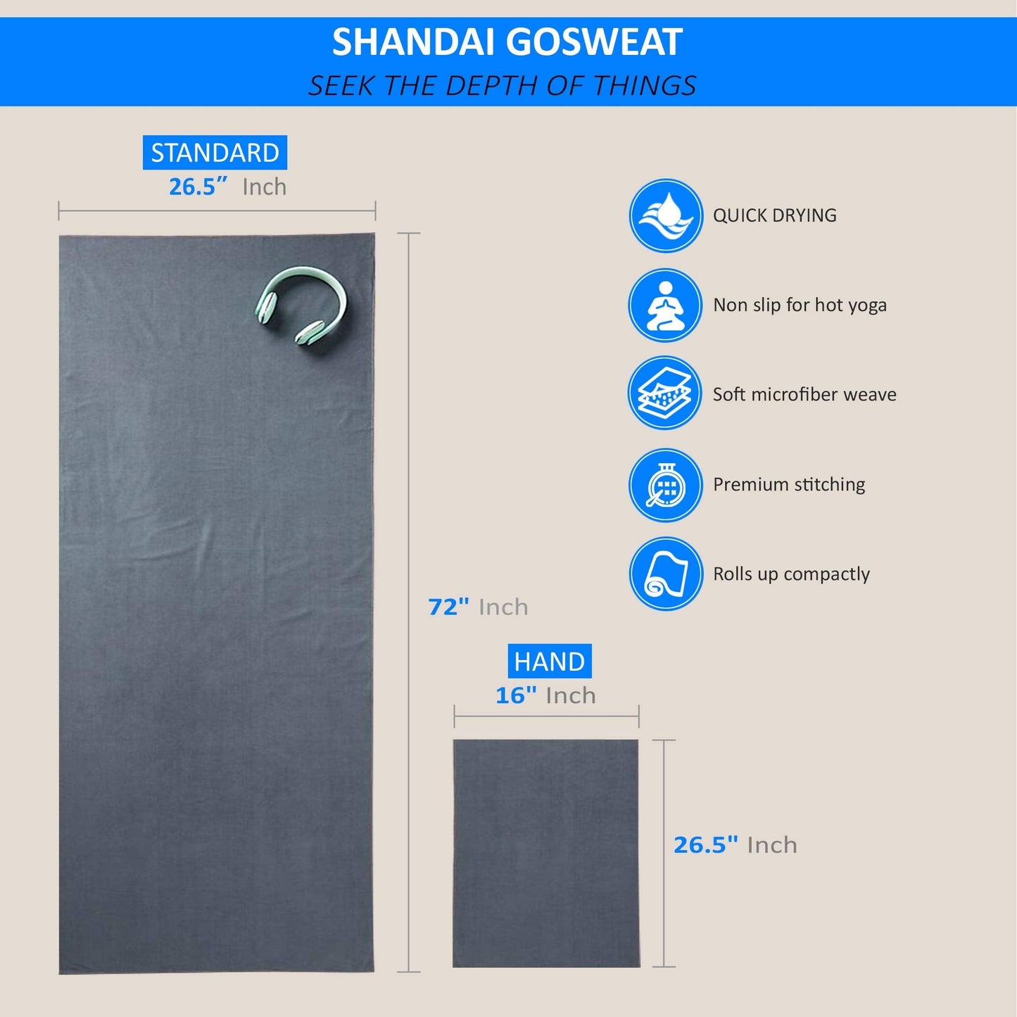 Shandali Hot Yoga GoSweat Microfiber Hand Towel in Super Absorbent Premium Gray Suede for Bikram, Pilates, Gym, and Outdoor Sports. 16 x 26.5 inches.