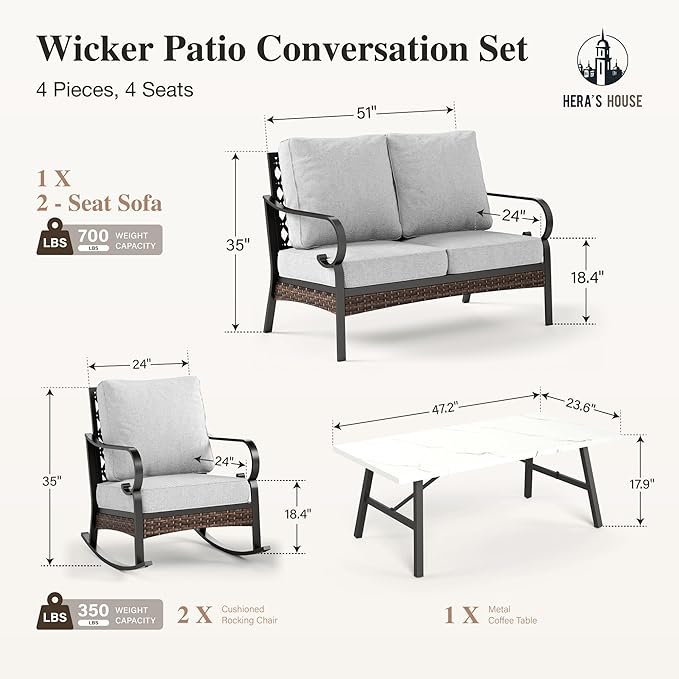 HERA'S HOUSE 4 Piece Metal Patio Furniture Set, 2 x Rocking Cushioned Chair, 2-Seat Lover Sofa with Coffee Table, All Weather Outdoor Conversation Set for Lawn Garden Backyard Deck, Light Grey