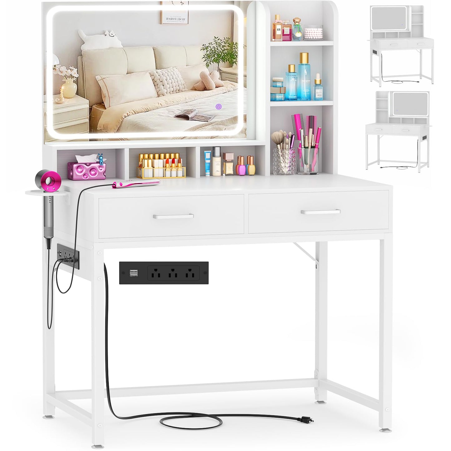 Small Vanity Desk, Vanity Desk with Mirror and Lights, Makeup Vanity Desks with Power Strip, Vanity Table with Drawers and Shelves, Adjustable Lighting, Dressing Table for Bedroom Dressing Room, White