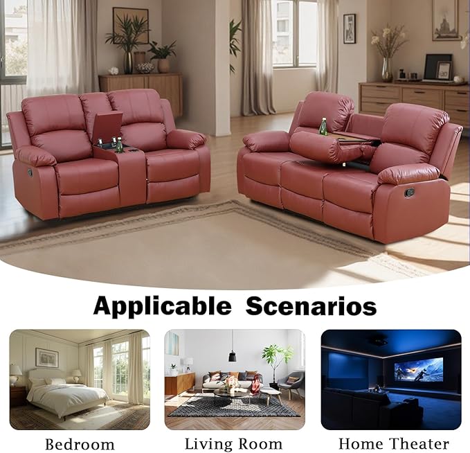Caberryne 2 Pieces Leather Recliner Sofa Set，Recliner Sofa and Loveseat Sets for Living Room Furniture，Red Reclining Couch with 4 Recliners for Living Room/Office/Theater Seating(Sofa Set 2 Pieces)