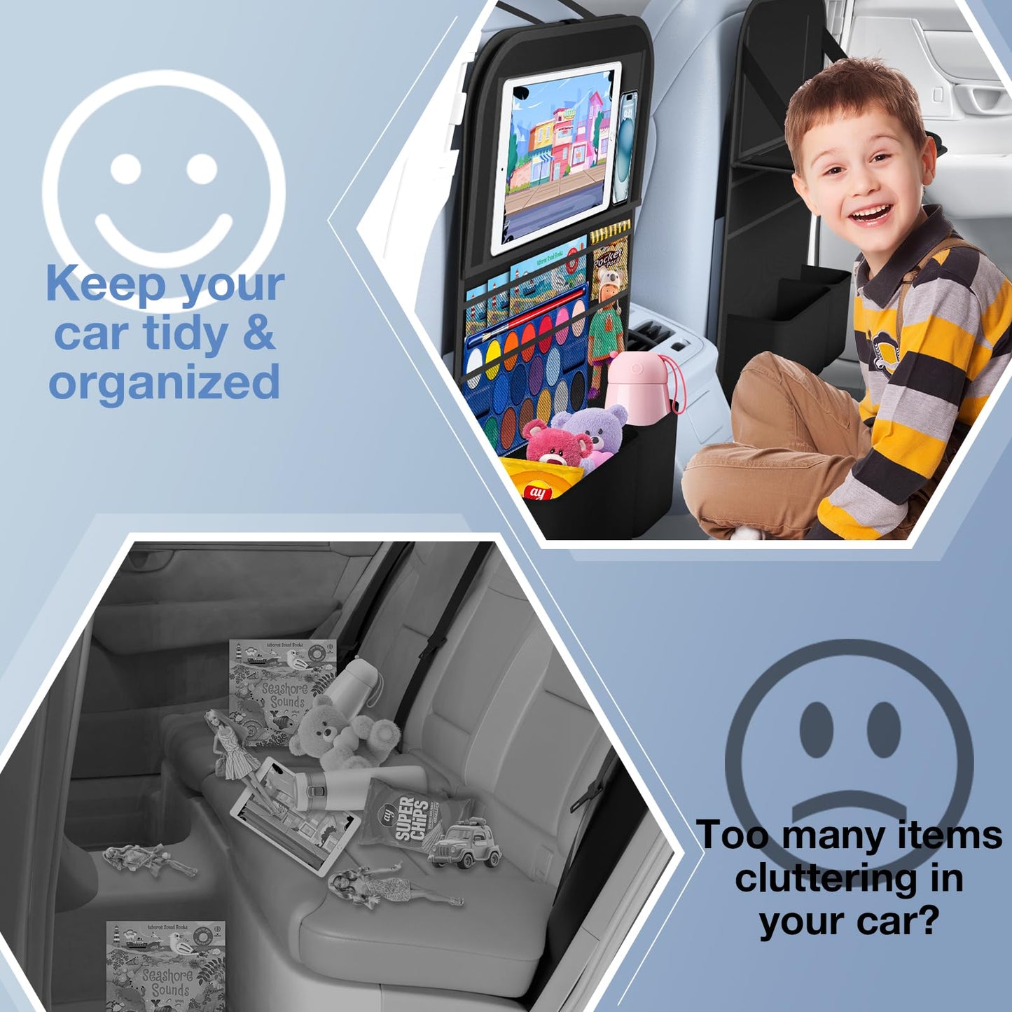 Oneyus Car Backseat Organizer with Table Tray((2-Pack)) 9 Storage Pockets Backseat Car Organizer and storage with Tablet Holder, Kick Mats Back Seat Cover for Kids family Road Trip Essentials Travel