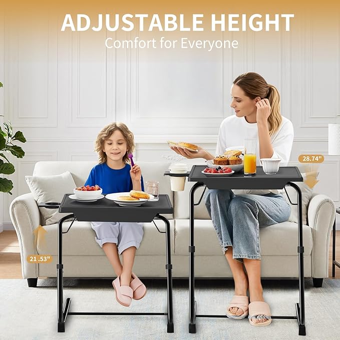 ZUCONKITCH Adjustable TV Tray Tables with 6 Height & 3 Tilt Angle, Folding TV Dinner Tray,TV Table with Cup Holder on Bed & Sofa (2 Pack, Black)